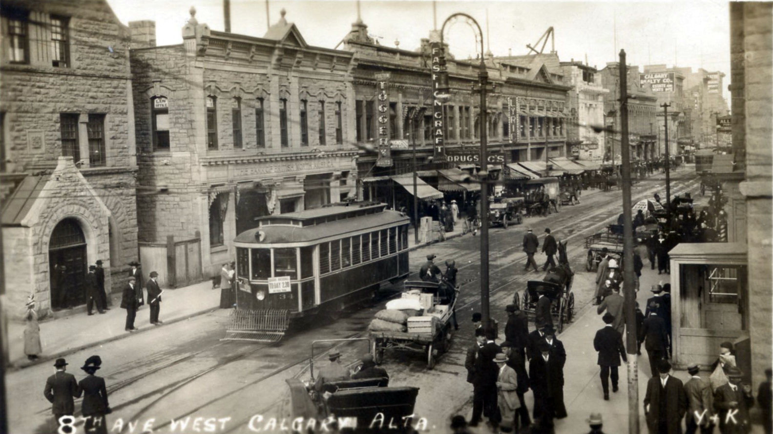 black and white photo of historical stephen avenue, downtown calgary